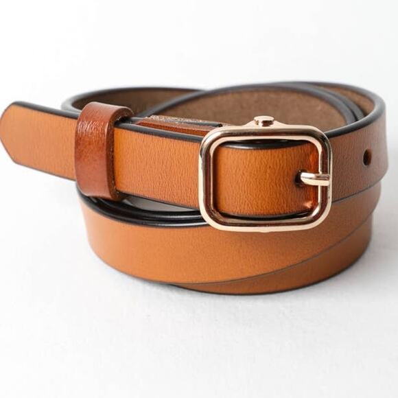 Versatile Skinny Classic Leather Gold Buckle Belt Camel Brown - Picture 2 of 5